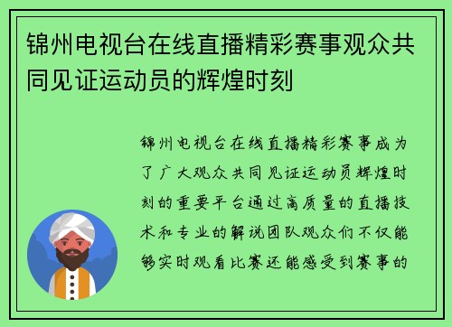 锦州电视台在线直播精彩赛事观众共同见证运动员的辉煌时刻